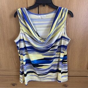 Calvin Klein Yellow Blue Cowl Neck Sleeveless Blouse